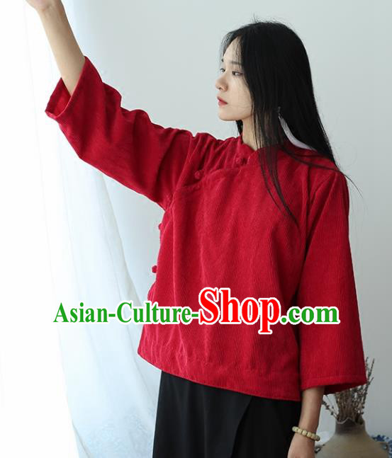 Chinese Traditional National Costume Red Corduroy Jacket Tang Suit Upper Outer Garment for Women