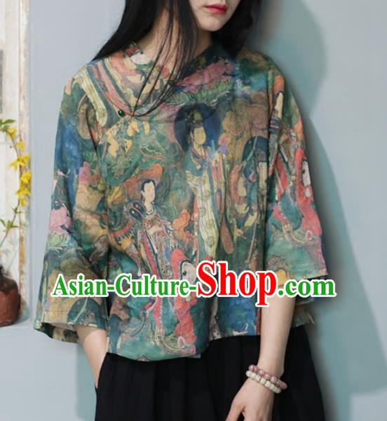 Chinese Traditional National Costume Printing Shirt Tang Suit Upper Outer Garment for Women