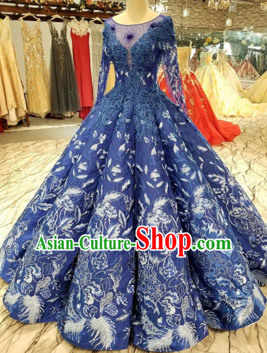 Top Grade Embroidered Royalblue Backless Full Dress Customize Modern Fancywork Princess Waltz Dance Costume for Women