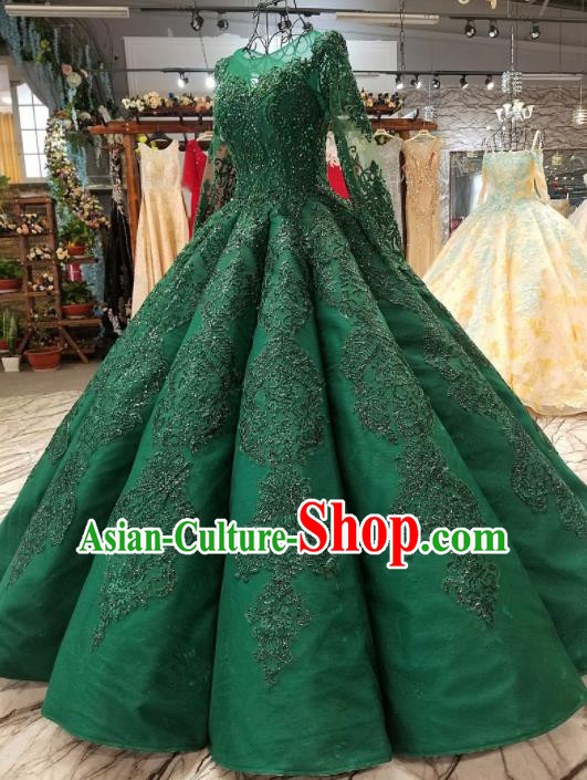 Top Grade Embroidered Green Full Dress Customize Modern Fancywork Princess Waltz Dance Costume for Women