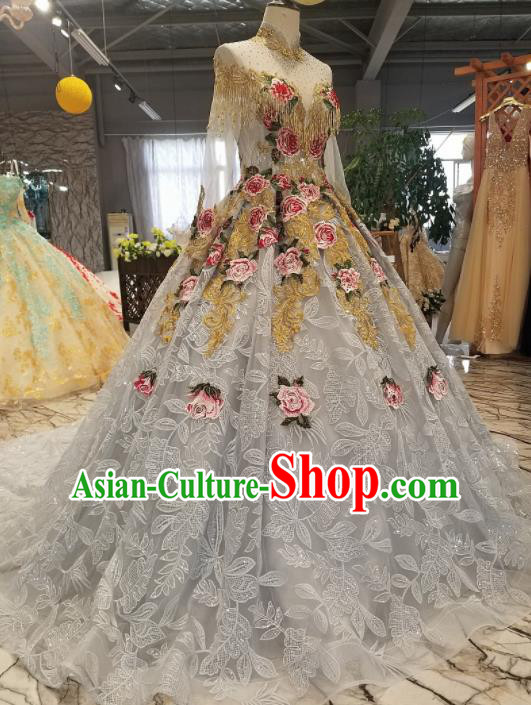 Top Grade Embroidered Roses Trailing Full Dress Customize Modern Fancywork Princess Waltz Dance Costume for Women