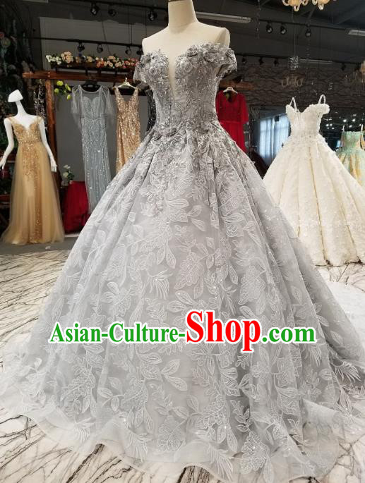 Top Grade Embroidered Grey Veil Full Dress Customize Modern Fancywork Princess Waltz Dance Costume for Women