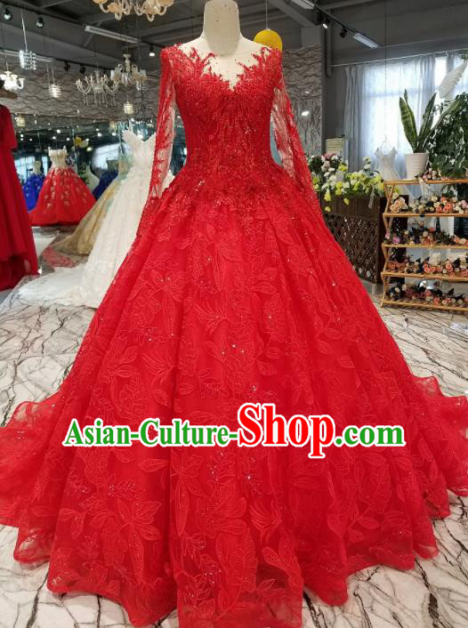 Top Grade Embroidered Red Veil Full Dress Customize Modern Fancywork Princess Waltz Dance Costume for Women