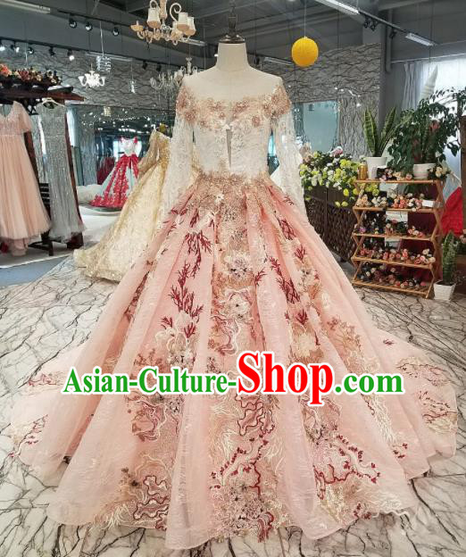 Top Grade Embroidered Long Trailing Pink Full Dress Customize Modern Fancywork Princess Waltz Dance Costume for Women