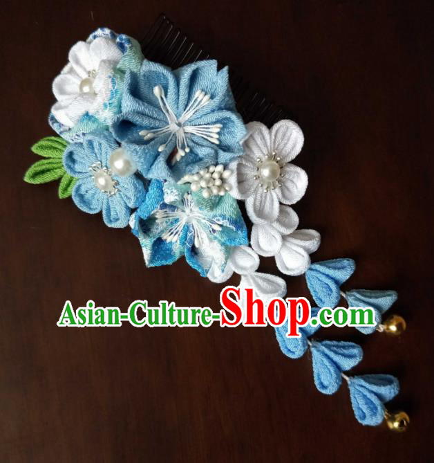 Traditional Japan Geisha Blue Sakura Tassel Hair Claw Japanese Kimono Hair Accessories for Women