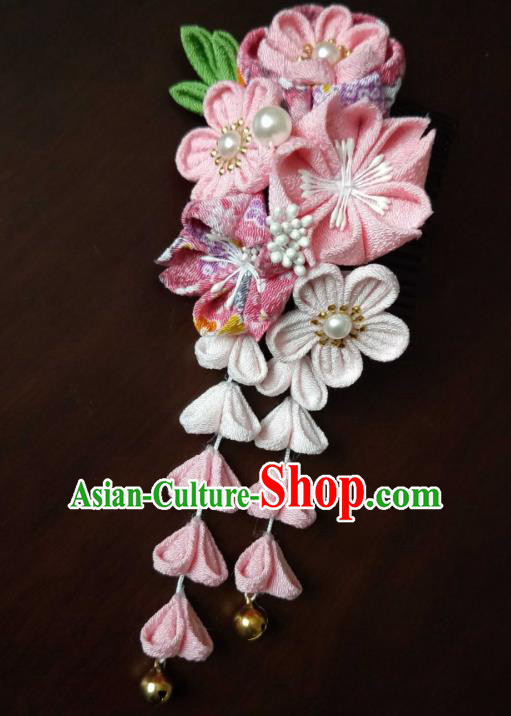 Traditional Japan Geisha Pink Sakura Tassel Hair Claw Japanese Kimono Hair Accessories for Women