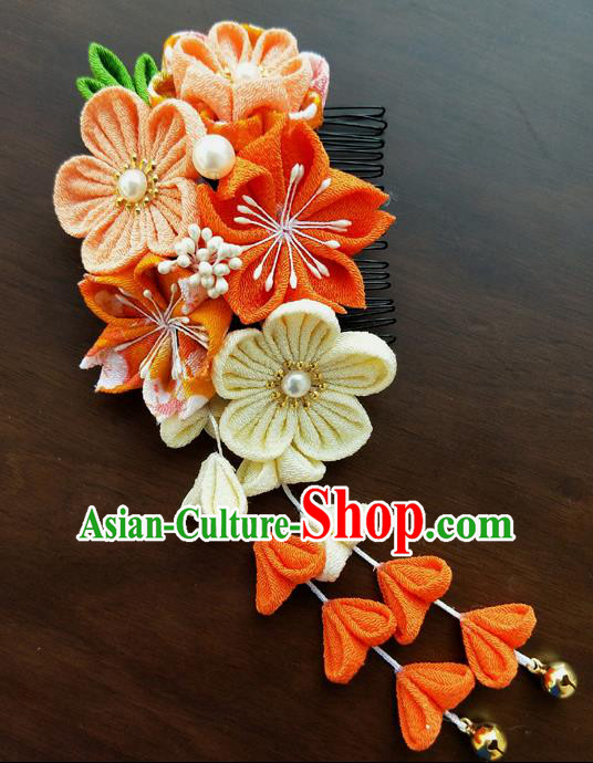 Traditional Japan Geisha Orange Sakura Tassel Hair Comb Japanese Kimono Hair Accessories for Women