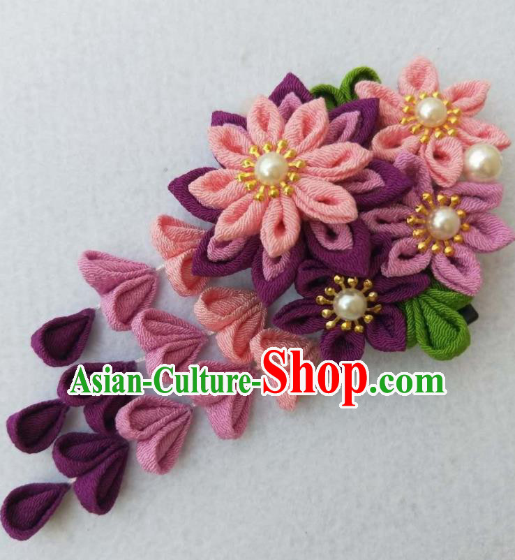 Traditional Japan Geisha Purple Sakura Tassel Hair Claw Japanese Kimono Hair Accessories for Women