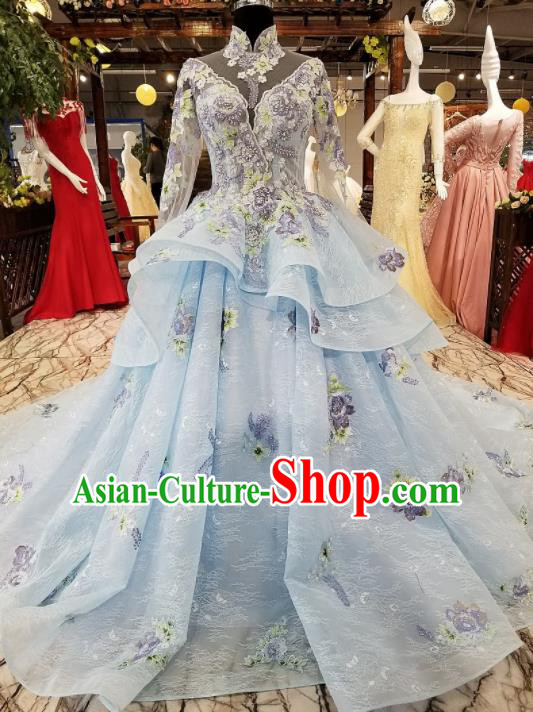 Top Grade Blue Trailing Full Dress Customize Modern Fancywork Princess Waltz Dance Costume for Women