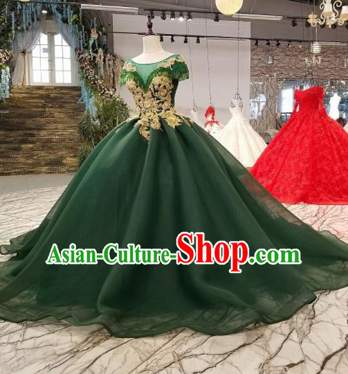 Top Grade Green Veil Trailing Full Dress Customize Modern Fancywork Princess Waltz Dance Costume for Women