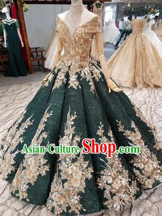 Top Grade Modern Fancywork Court Princess Atrovirens Paillette Full Dress Customize Waltz Dance Costume for Women