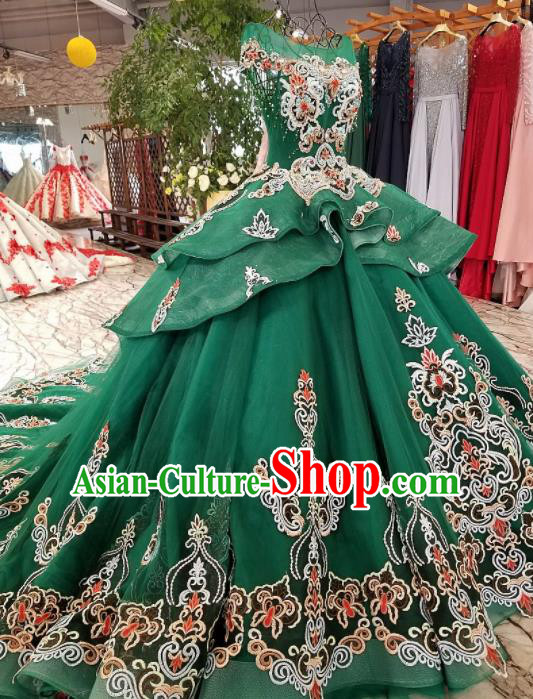 Top Grade Handmade Embroidered Court Green Full Dress Customize Modern Fancywork Waltz Dance Costume for Women