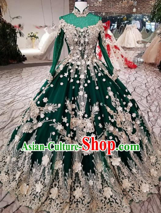 Top Grade Court Handmade Diamante Green Full Dress Customize Modern Fancywork Waltz Dance Costume for Women