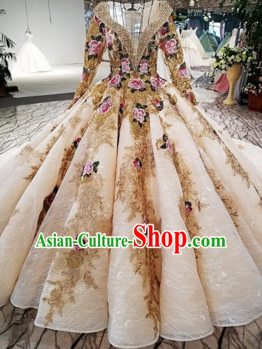 Top Grade Court Handmade Champagne Full Dress Customize Modern Fancywork Waltz Dance Costume for Women