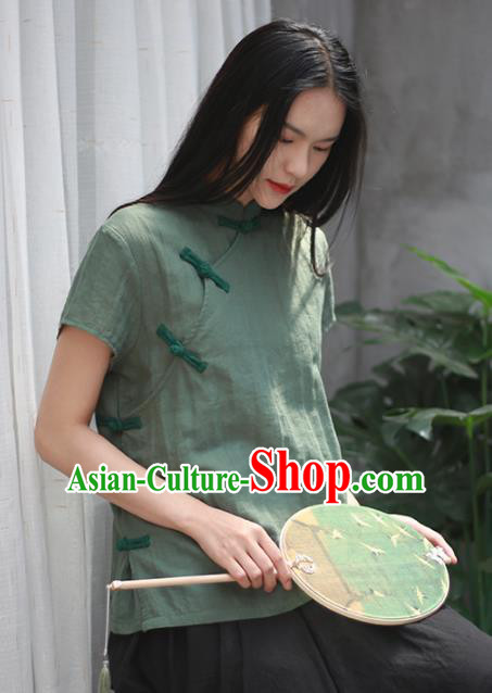 Chinese Traditional National Costume Tang Suit Slant Opening Green Linen Shirt Upper Outer Garment for Women