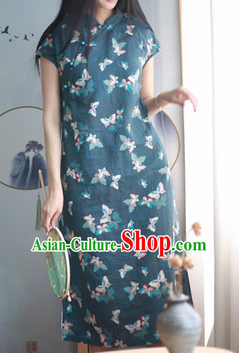 Chinese Traditional National Costume Printing Butterfly Navy Qipao Dress Tang Suit Cheongsam for Women