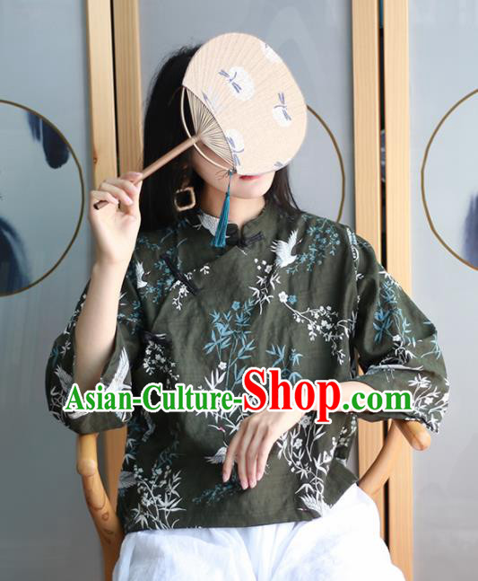 Chinese Traditional National Costume Printing Crane Black Blouse Tang Suit Upper Outer Garment for Women