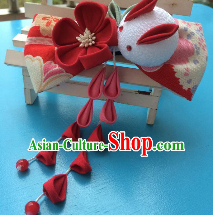 Traditional Japan Red Bowknot Rabbit Tassl Hair Claw Japanese Kimono Hair Accessories for Women