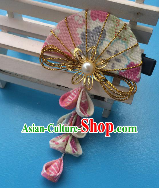 Traditional Japan Pink Fan Tassel Hair Claw Japanese Kimono Hair Accessories for Women