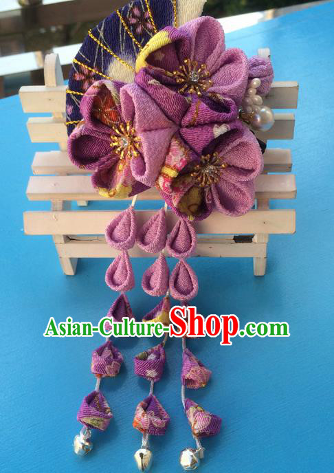 Traditional Japan Purple Sakura Fan Tassel Hair Claw Japanese Kimono Hair Accessories for Women