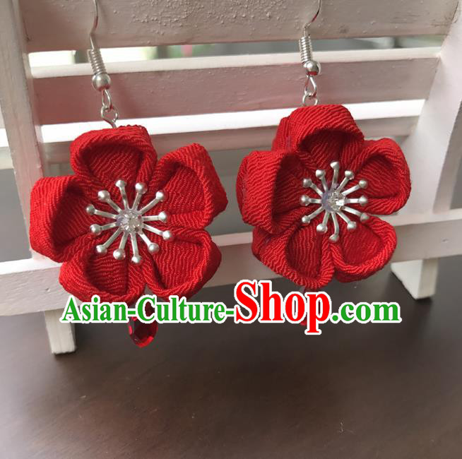 Traditional Japan Red Sakura Tassel Earrings Japanese Kimono Ear Accessories for Women