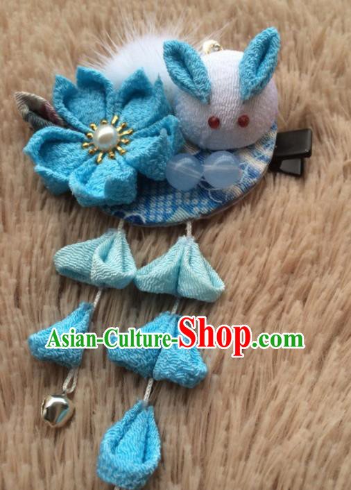 Traditional Japan Blue Sakura Rabbit Tassel Hair Stick Japanese Kimono Hair Accessories for Women