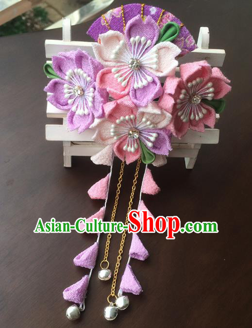 Traditional Japan Purple Fan Sakura Tassel Hair Stick Japanese Kimono Hair Accessories for Women