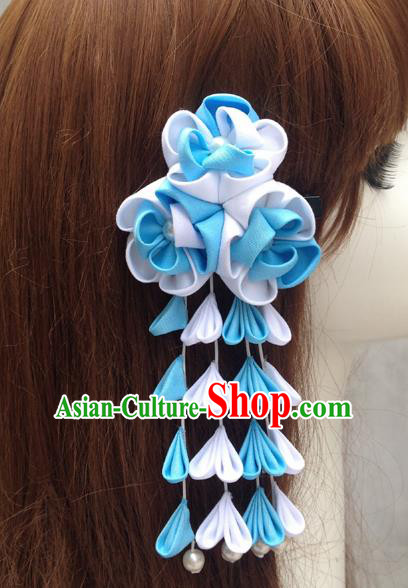 Traditional Japan Blue Silk Sakura Tassel Hair Claw Japanese Kimono Hair Accessories for Women