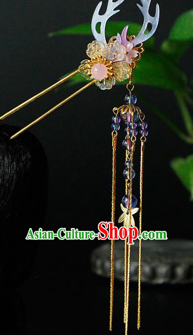 Traditional China Ancient Princess Antler Golden Tassel Hairpins Chinese Hanfu Hair Accessories for Women