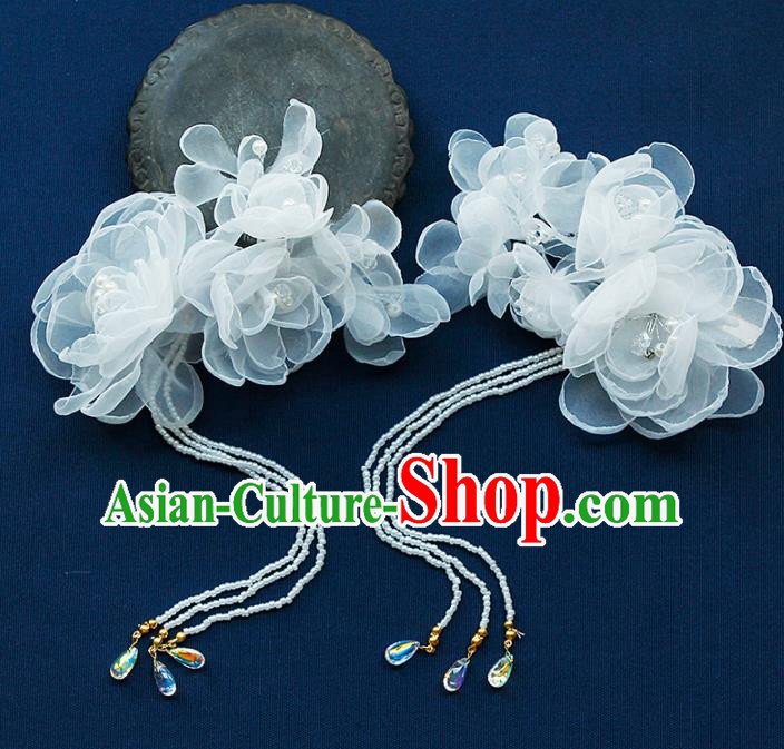 China Ancient Princess White Silk Flowers Tassel Hair Claw Hairpins Chinese Traditional Hanfu Hair Accessories for Women