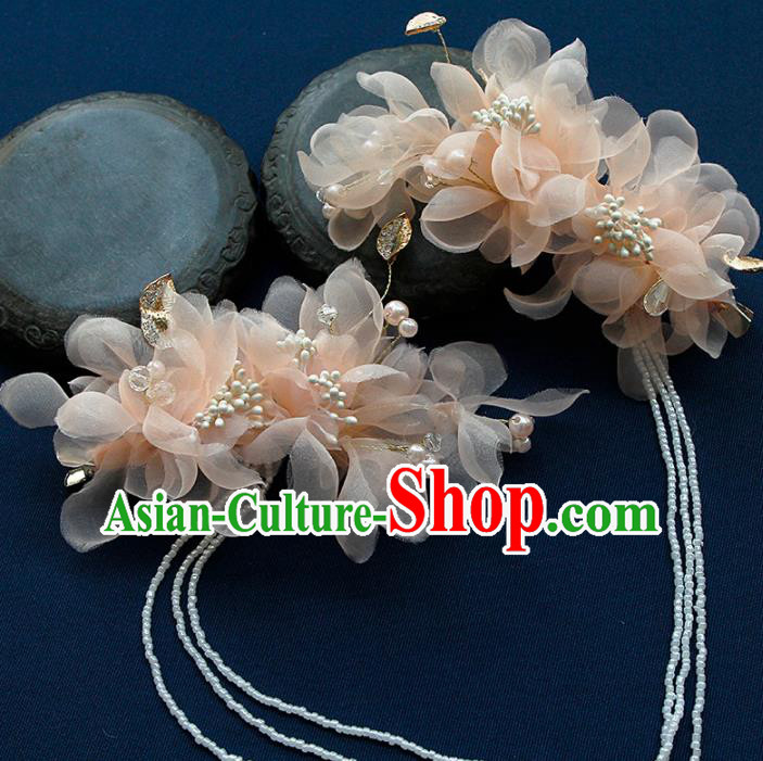 China Ancient Princess Pink Silk Flowers Tassel Hair Claw Hairpins Chinese Traditional Hanfu Hair Accessories for Women