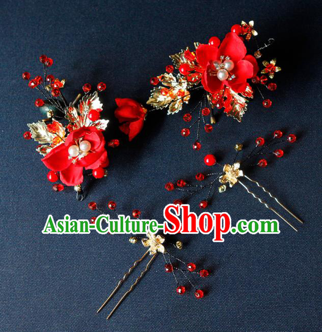 China Ancient Princess Red Flower Hair Claw Hairpins Chinese Traditional Hanfu Hair Accessories for Women