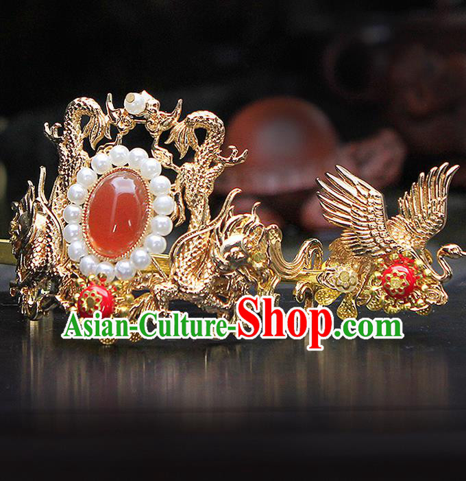 China Ancient Swordsman Red Bead Hairdo Crown Hairpins Chinese Traditional Hanfu Hair Accessories for Men