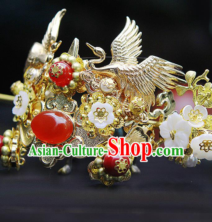 China Ancient Swordsman Red Bead Cranes Hairdo Crown Hairpins Chinese Traditional Hanfu Hair Accessories for Men