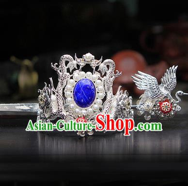 China Ancient Swordsman Argent Cranes Hairdo Crown Hairpins Chinese Traditional Hanfu Hair Accessories for Men