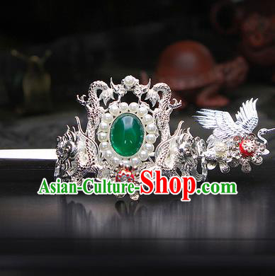 China Ancient Swordsman Argent Cranes Hairdo Crown Green Bead Hairpins Chinese Traditional Hanfu Hair Accessories for Men