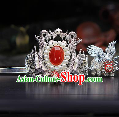 China Ancient Swordsman Argent Cranes Hairdo Crown Red Bead Hairpins Chinese Traditional Hanfu Hair Accessories for Men