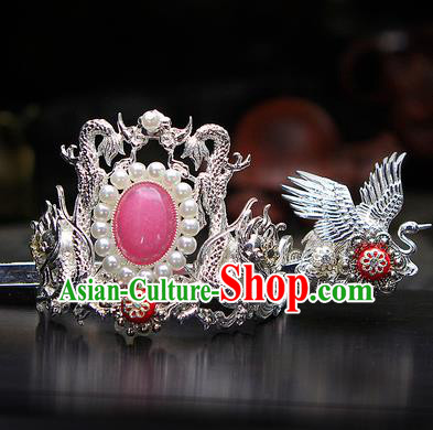 China Ancient Swordsman Argent Cranes Hairdo Crown Pink Bead Hairpins Chinese Traditional Hanfu Hair Accessories for Men