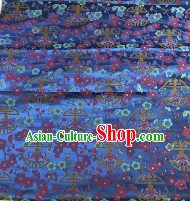 Asian Chinese Traditional Plum Blossom Pattern Design Blue Brocade Fabric Silk Fabric Chinese Fabric Asian Material