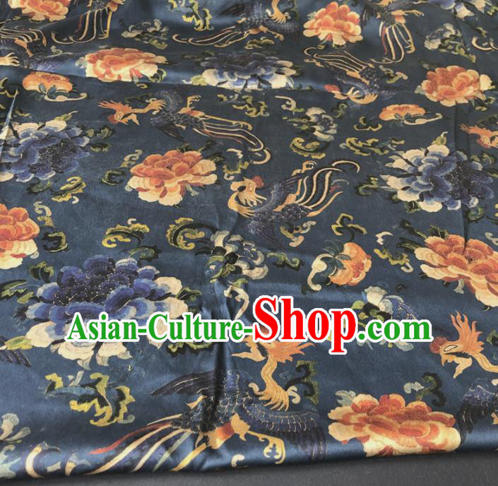 Asian Chinese Traditional Embroidered Peony Pattern Design Navy Brocade Fabric Silk Fabric Chinese Fabric Asian Material