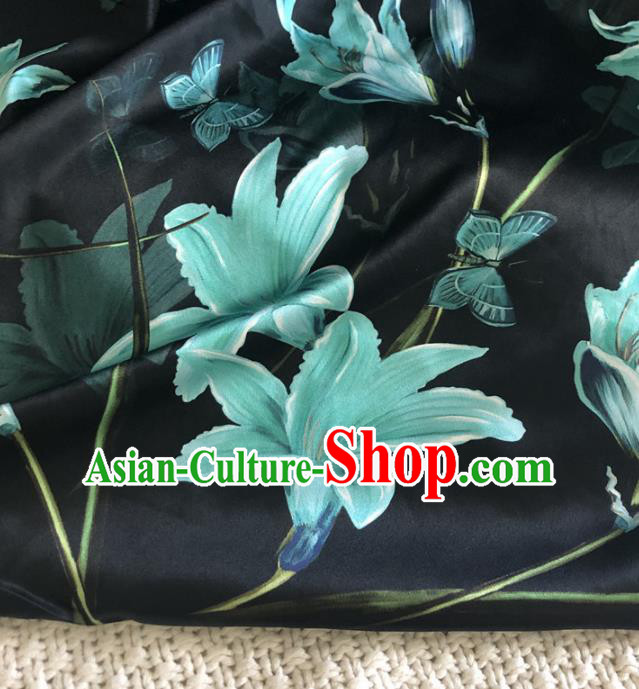 Asian Chinese Traditional Lily Flowers Pattern Design Black Brocade Fabric Silk Fabric Chinese Fabric Asian Material