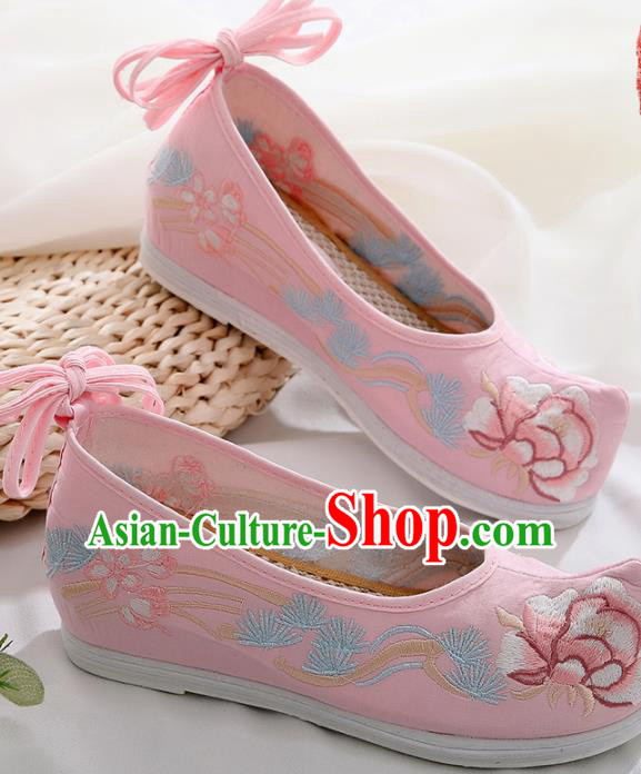 Chinese Traditional Hanfu Shoes Ancient Princess Embroidered Peony Pink Shoes National Cloth Shoes for Women