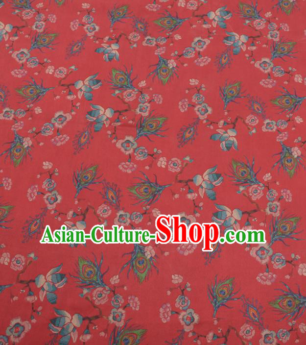 Chinese Traditional Phoenix Feather Pattern Design Red Satin Watered Gauze Brocade Fabric Asian Silk Fabric Material