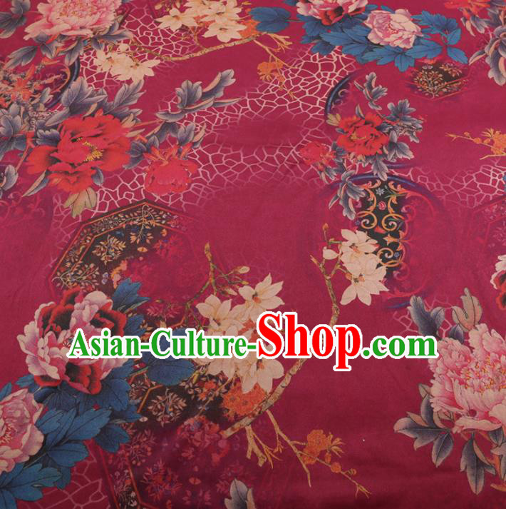 Chinese Traditional Peony Pattern Design Wine Red Satin Watered Gauze Brocade Fabric Asian Silk Fabric Material