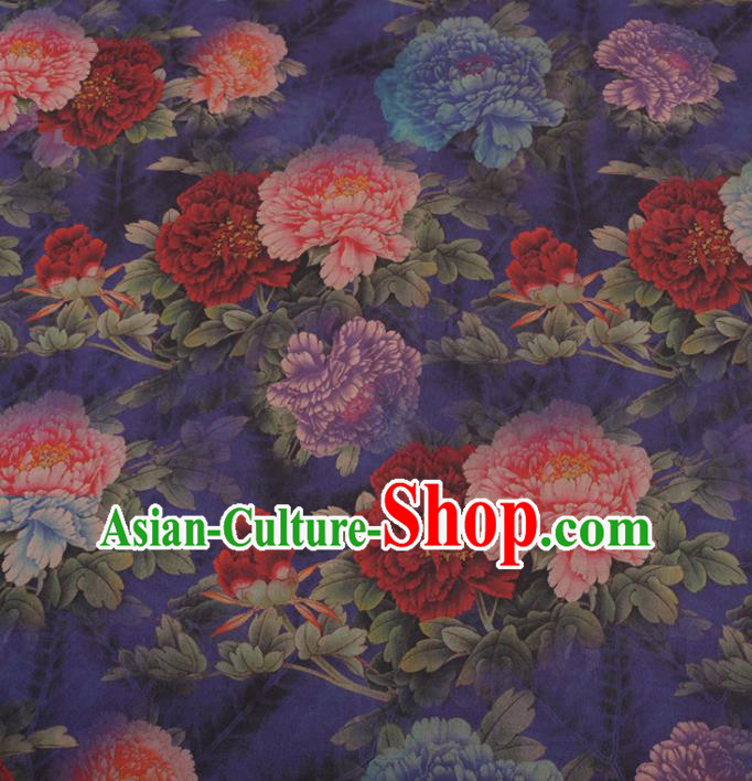 Chinese Traditional Peony Pattern Design Blue Satin Watered Gauze Brocade Fabric Asian Silk Fabric Material