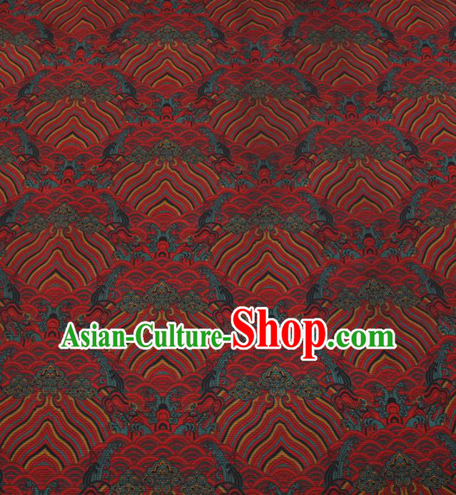 Chinese Traditional Sea Waves Pattern Design Red Satin Watered Gauze Brocade Fabric Asian Silk Fabric Material