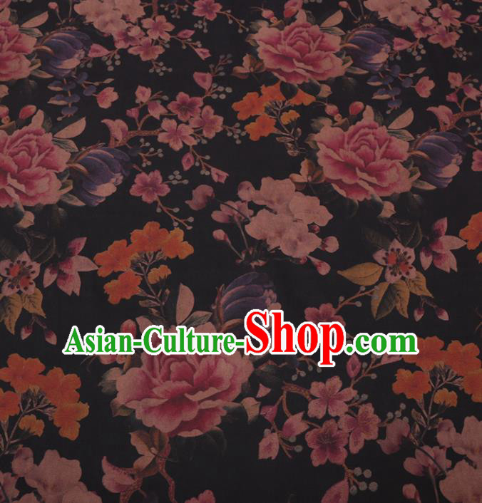 Chinese Traditional Peony Pattern Design Black Satin Watered Gauze Brocade Fabric Asian Silk Fabric Material