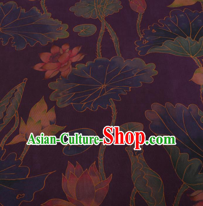 Chinese Traditional Lotus Pattern Design Purple Satin Watered Gauze Brocade Fabric Asian Silk Fabric Material