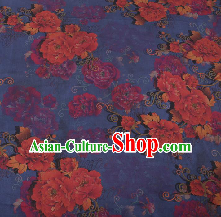 Chinese Traditional Peony Flowers Pattern Design Blue Satin Watered Gauze Brocade Fabric Asian Silk Fabric Material