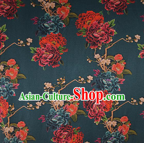 Chinese Traditional Peony Pattern Design Atrovirens Satin Watered Gauze Brocade Fabric Asian Silk Fabric Material